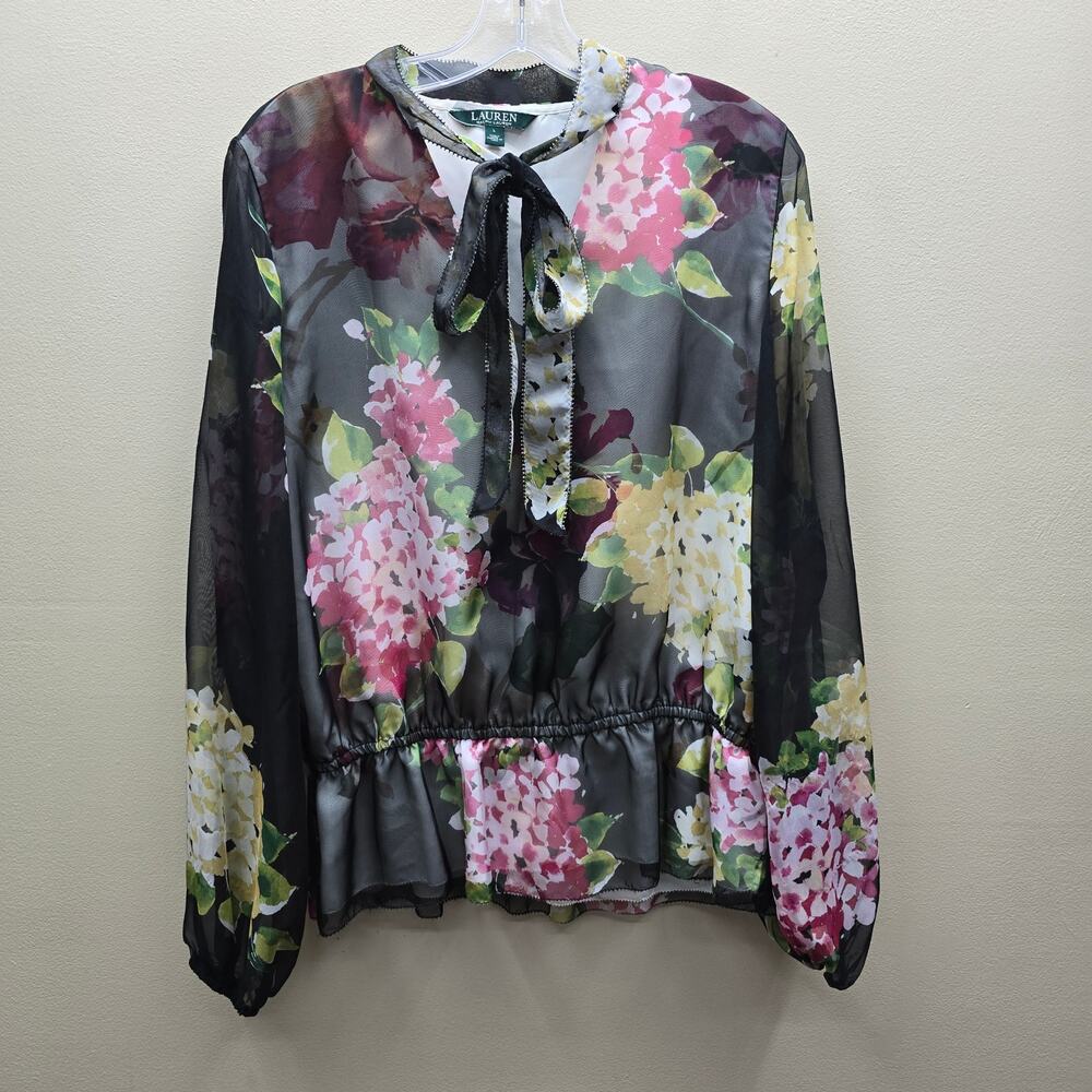 Lauren Ralph Lauren Floral Sheer Chiffon Tie Neck Blouse Top Black Size Large